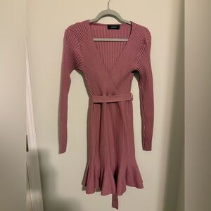AKIRA Mauve Ribbed Long Sleeve Sweater Dress Casual Winter Elegant